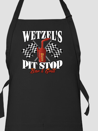 black apron with full-color personalized Pit Stop Bar and Grill logo