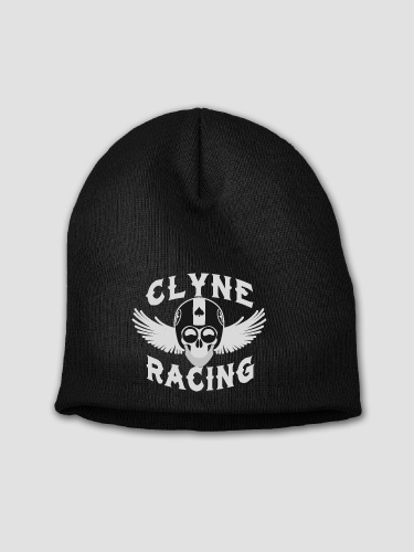 black winter beanie with personalized motorcycle racing skull design