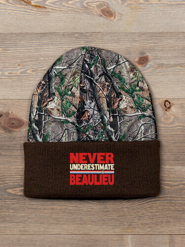 Never Underestimate Brown/Camo Embroidered 2-Tone Camo Cuffed Beanie