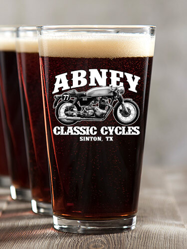 color-printed, dishwasher safe pint glass with personalized Classic Cycles design