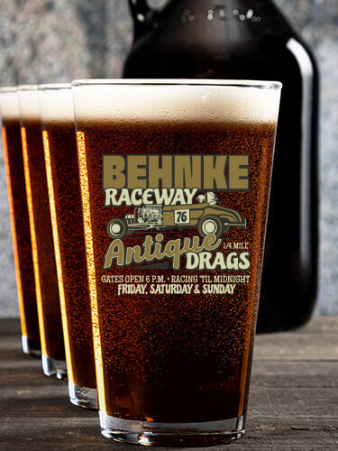 Antique Drag Race NA 1 Color Printed Growler 4 Color Pint Glass Gift Set