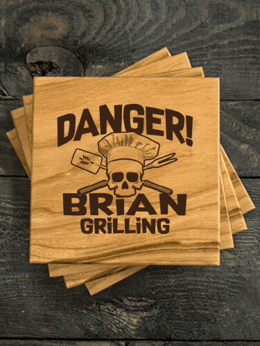 Danger Grilling Natural Cherry Cherry Wood Coaster - Engraved (set of 4)