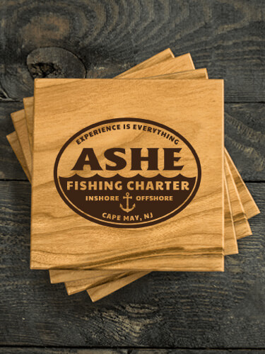 Fishing Charter Natural Cherry Cherry Wood Coaster - Engraved (set of 4)