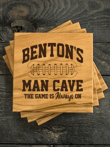 Football Man Cave Natural Cherry Cherry Wood Coaster - Engraved (set of 4)
