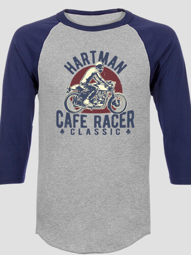 blue and grey raglan shirt with personalized cafe racer design