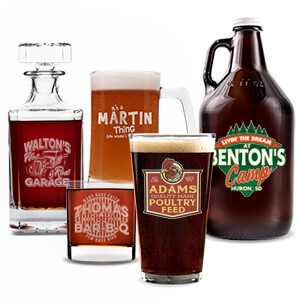 personalized pint glass, beer growler, rocks glass, decanter, and beer mug