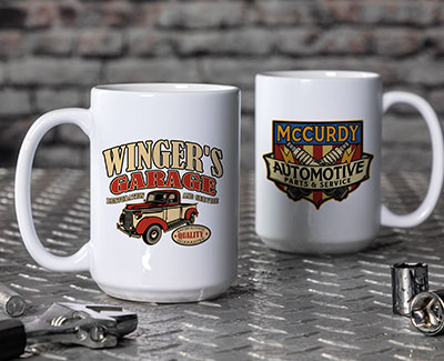 ceramic coffee mugs with personalized garage and automotive designs