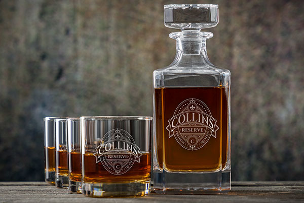 personalized glass whiskey decanter with set of four rocks glasses