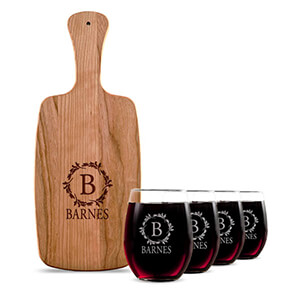 wine glass & cheese board gift set with personalization