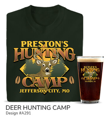 Deer Hunting Camp - Design features a curious deer and hoof prints, with Your Name Hunting Camp and custom location on forest green Tshirt and color printed pint glass.