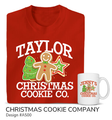 Christmas Cookie Company - Personalized Name Christmas Cookie Co. with gingerbread man, tree, and star cookies on red tee and color printed ceramic coffee mug.