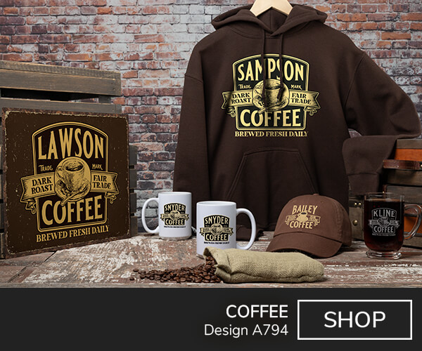 Coffee - A coffee logo featuring a steaming cup and a sign reading Your Name Coffee, Brewed Fresh Daily, on dark chocolate hoodie, embroidered baseball hat, engraved glass coffee mug, color printed ceramic mugs, and antique style tin sign.