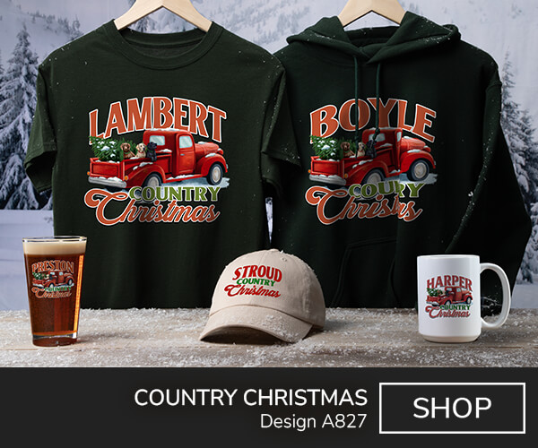 Country Christmas - 1950s red pickup truck with Christmas tree and dogs in the bed, and Your Name Country Christmas on forest green tee, hoodie, embroidered white baseball hat, color printed pint glass, and color printed ceramic mug.