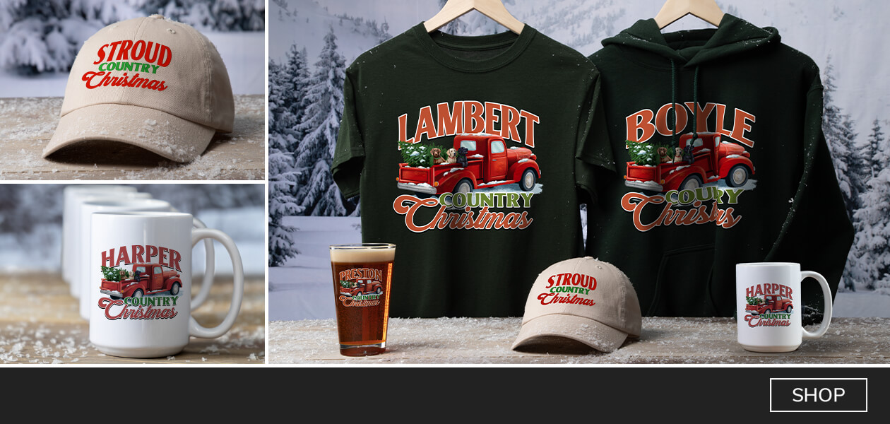 Personalized Country Christmas design #A827 T-shirts, hats, wall art, coasters, and more will add the finishing touch to your holidays.