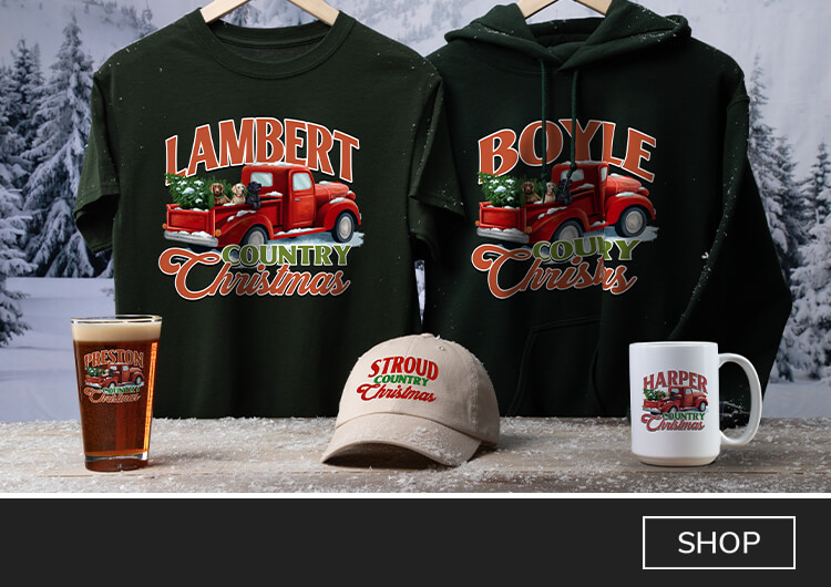 Personalized Country Christmas design #A827 T-shirts, hats, wall art, coasters, and more will add the finishing touch to your holidays.