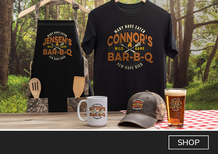 Wild Game Few Have Died BBQ personalized T-shirts, hats, hoodies, Adidas, Dickeys, Kryptek, barware, apparel, signs, and more!