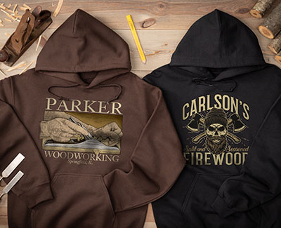 brown and black hoodies with custom woodworking and firewood designs