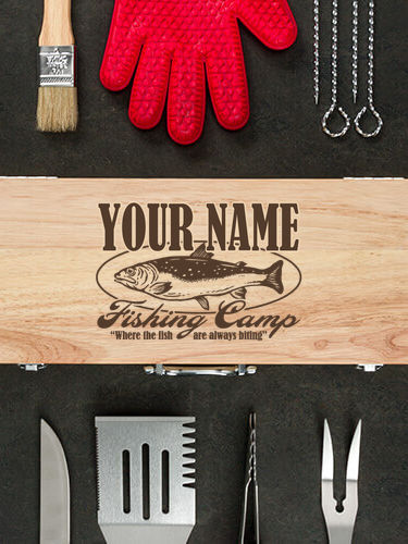 Fishing Camp Natural Hevea Hardwood 10 Piece BBQ Set Personalization Thumbnail