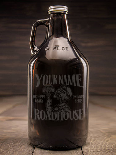 brown glass beer growler with personalized motorcycle roadhouse logo
