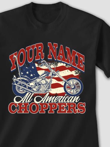 black t-shirt with personalized red white and blue All American Choppers graphic