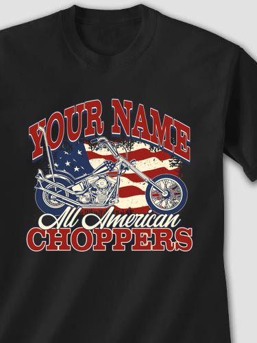 black t-shirt with personalized red white and blue All American Choppers graphic