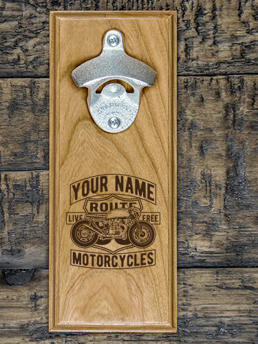 cherry wood and cast-iron wall mounted bottle opener with personalized laser-engraved motorcycle logo
